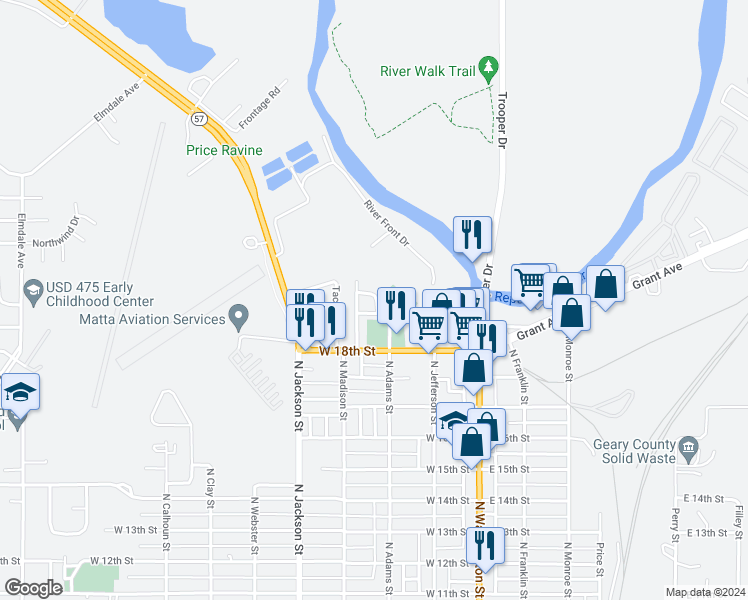 map of restaurants, bars, coffee shops, grocery stores, and more near 2005 North Adams Street in Junction City