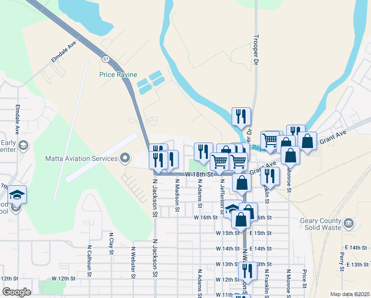 map of restaurants, bars, coffee shops, grocery stores, and more near 2005 North Adams Street in Junction City