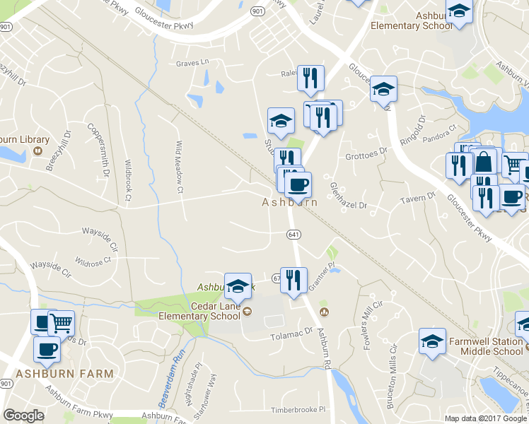 map of restaurants, bars, coffee shops, grocery stores, and more near 20705 Ashburn Station Place in Ashburn