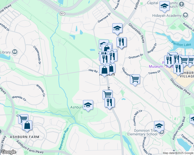 map of restaurants, bars, coffee shops, grocery stores, and more near 20705 Ashburn Station Place in Ashburn