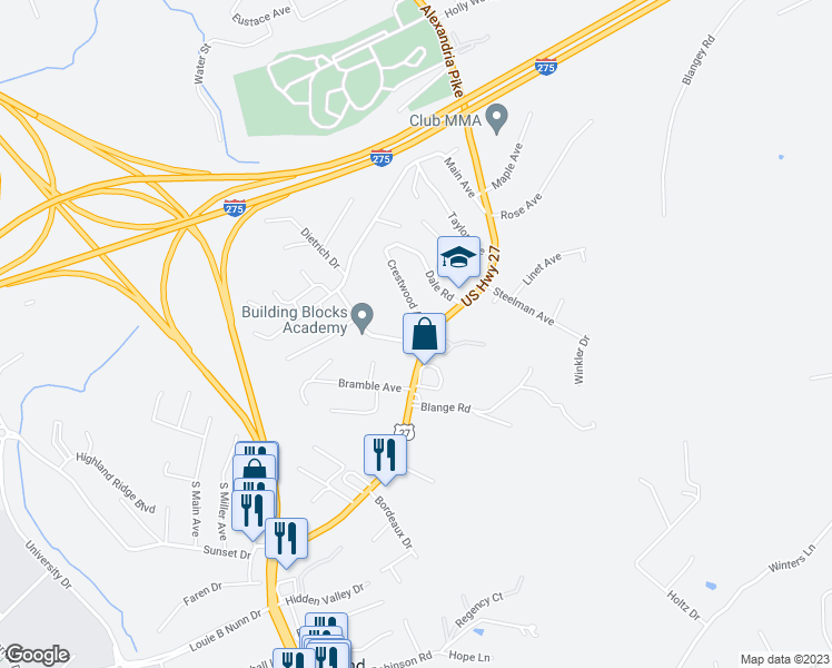 map of restaurants, bars, coffee shops, grocery stores, and more near 2142 Alexandria Pike in Highland Heights