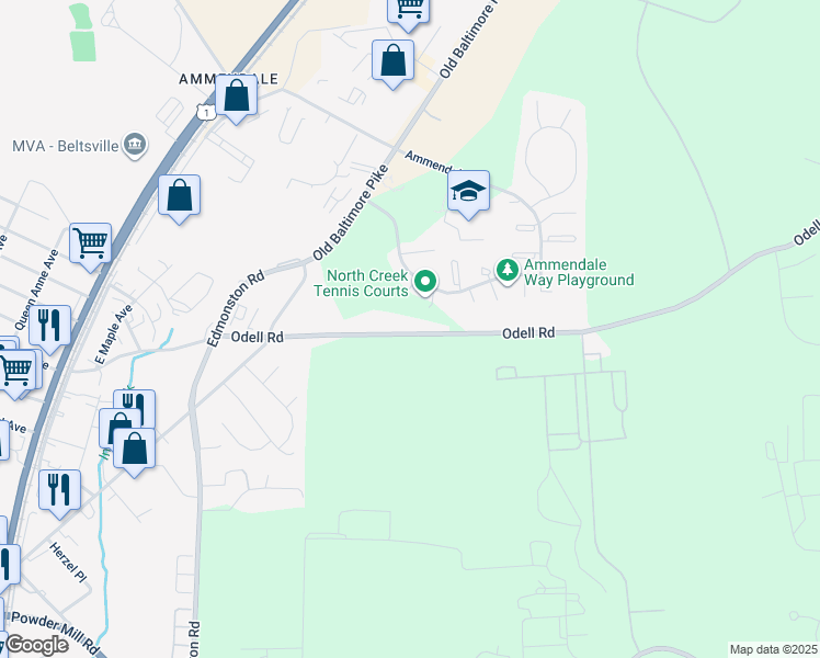 map of restaurants, bars, coffee shops, grocery stores, and more near 5432 Odell Road in Beltsville