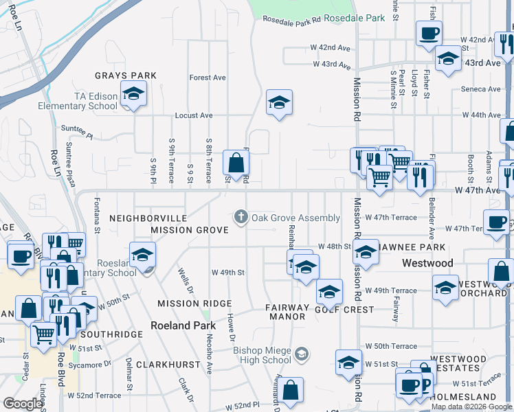 map of restaurants, bars, coffee shops, grocery stores, and more near 3606 West 47th Place in Roeland Park