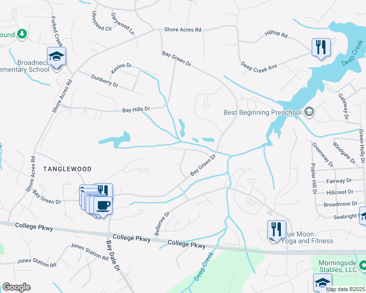 map of restaurants, bars, coffee shops, grocery stores, and more near 512 Augusta Drive in Arnold