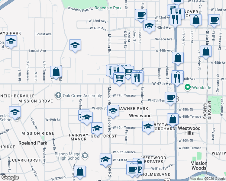 map of restaurants, bars, coffee shops, grocery stores, and more near 4710 Mission Road in Roeland Park