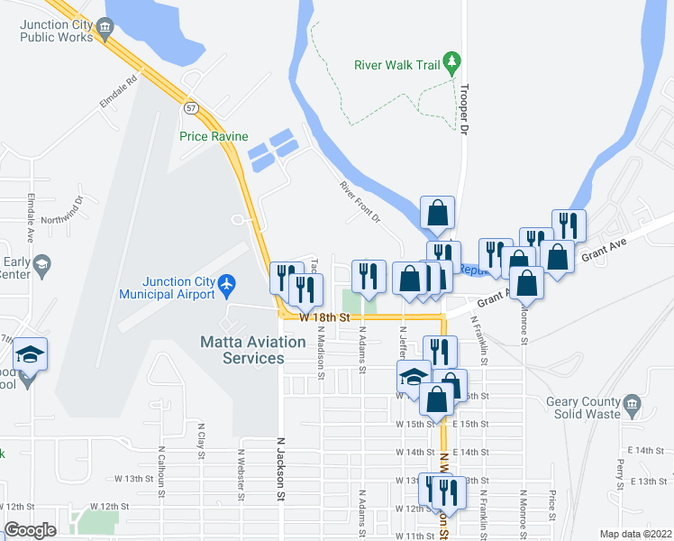 map of restaurants, bars, coffee shops, grocery stores, and more near 1913 North Madison Street in Junction City