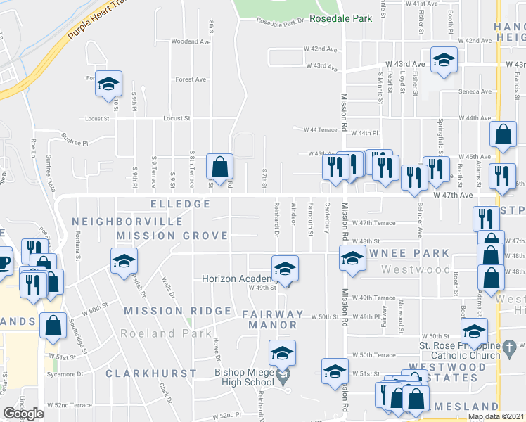 map of restaurants, bars, coffee shops, grocery stores, and more near 3510 West 47th Place in Roeland Park