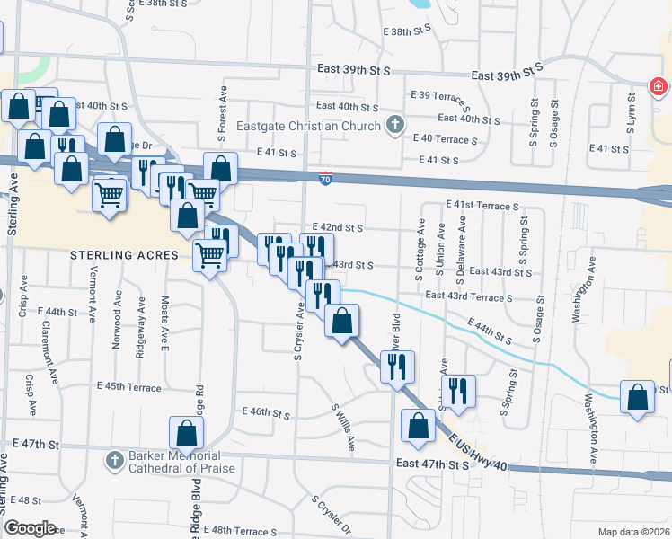map of restaurants, bars, coffee shops, grocery stores, and more near 12407 East 43rd Street South in Independence