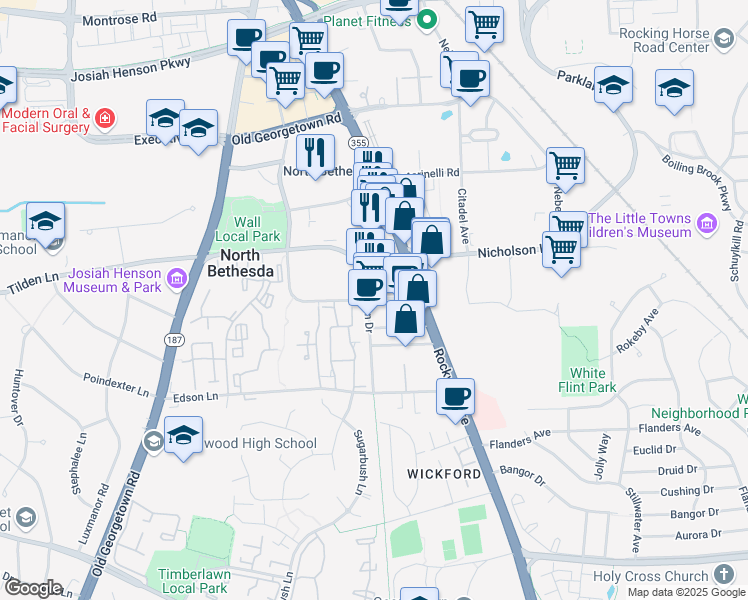 map of restaurants, bars, coffee shops, grocery stores, and more near 11398 Woodglen Drive in North Bethesda