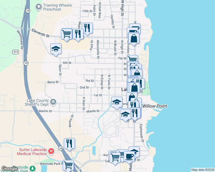 map of restaurants, bars, coffee shops, grocery stores, and more near 225 North Tunis Street in Lakeport