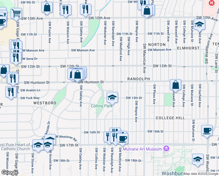 map of restaurants, bars, coffee shops, grocery stores, and more near 1266 Southwest Collins Avenue in Topeka