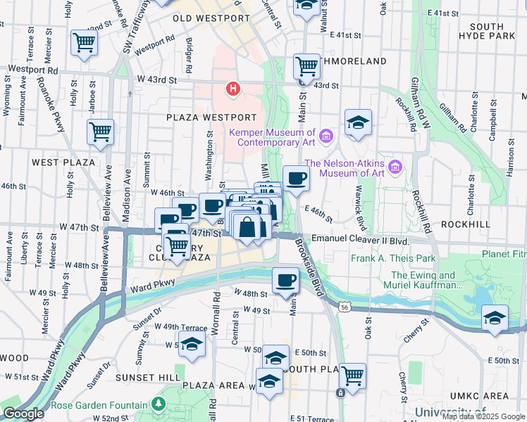 map of restaurants, bars, coffee shops, grocery stores, and more near West 47th Street in Kansas City