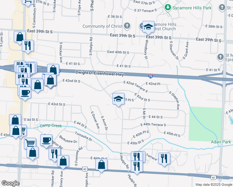 map of restaurants, bars, coffee shops, grocery stores, and more near 15101 East 43 Street South in Independence