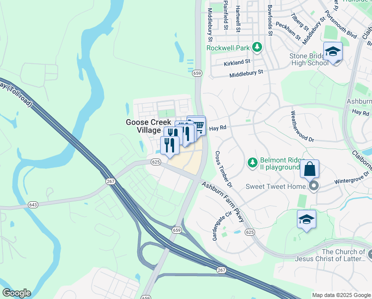map of restaurants, bars, coffee shops, grocery stores, and more near 42780 Creek View Plaza in Ashburn