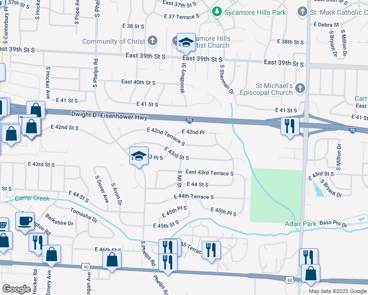 map of restaurants, bars, coffee shops, grocery stores, and more near 15415 East 42nd Terrace South in Independence