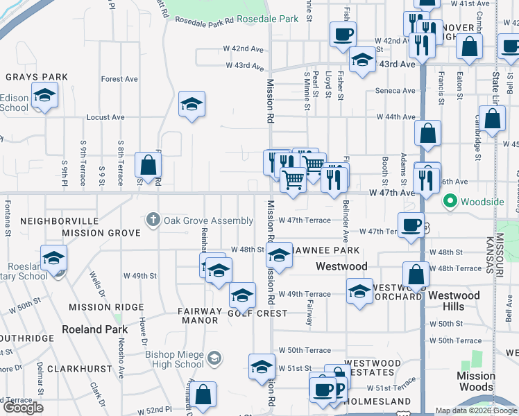 map of restaurants, bars, coffee shops, grocery stores, and more near 4710 Mission Road in Roeland Park