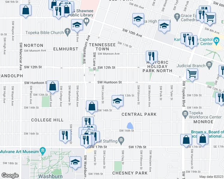 map of restaurants, bars, coffee shops, grocery stores, and more near 1212 Southwest Throop Street in Topeka