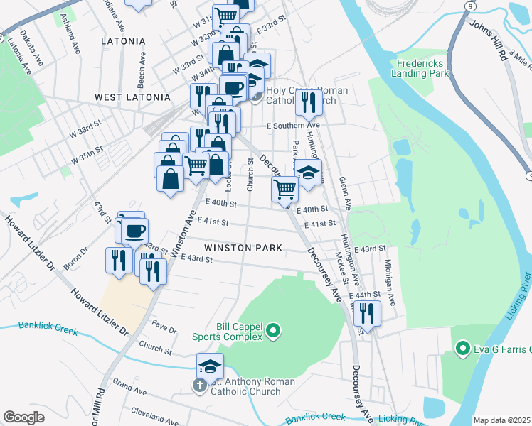 map of restaurants, bars, coffee shops, grocery stores, and more near 117 East 40th Street in Covington