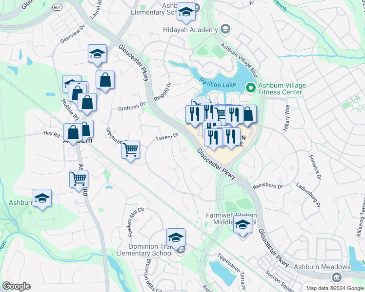 map of restaurants, bars, coffee shops, grocery stores, and more near 20714 Jersey Mills Pl in Ashburn