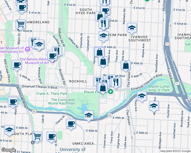 map of restaurants, bars, coffee shops, grocery stores, and more near 4601 Harrison Street in Kansas City