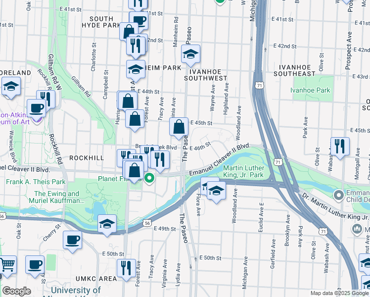 map of restaurants, bars, coffee shops, grocery stores, and more near Paseo Boulevard in Kansas City