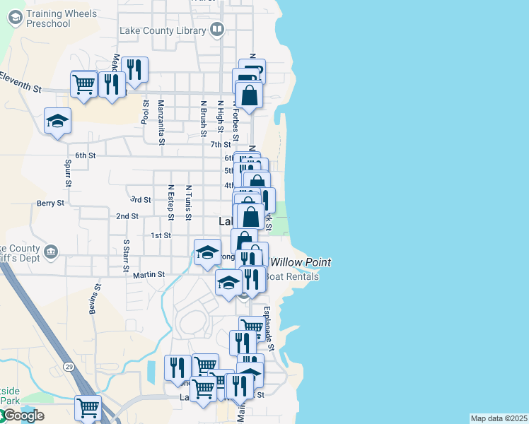 map of restaurants, bars, coffee shops, grocery stores, and more near 225 Park Street in Lakeport