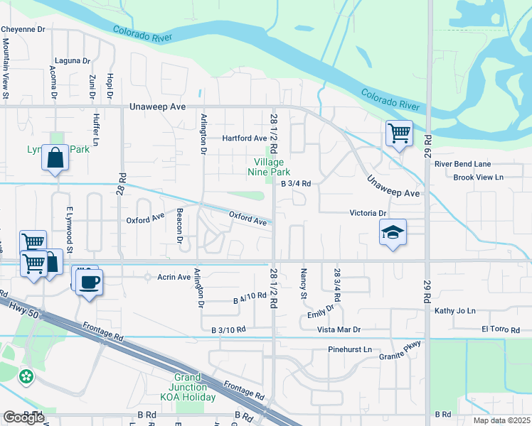 map of restaurants, bars, coffee shops, grocery stores, and more near 2848 Oxford Ave in Grand Junction