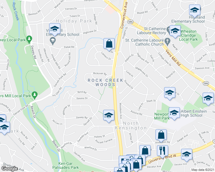 map of restaurants, bars, coffee shops, grocery stores, and more near 3702 Spruell Drive in Silver Spring