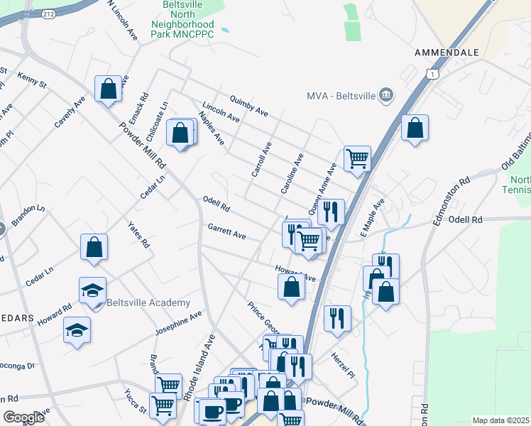 map of restaurants, bars, coffee shops, grocery stores, and more near 4823 Lexington Avenue in Beltsville