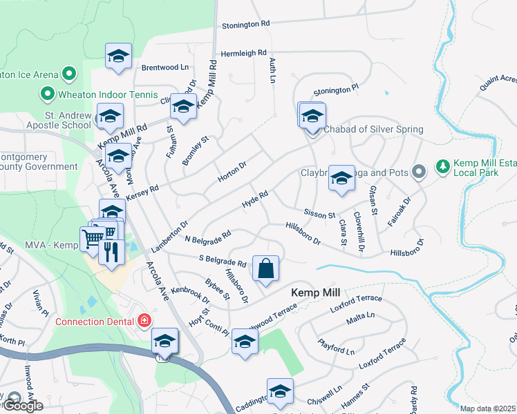 map of restaurants, bars, coffee shops, grocery stores, and more near 11410 Rockbridge Road in Silver Spring