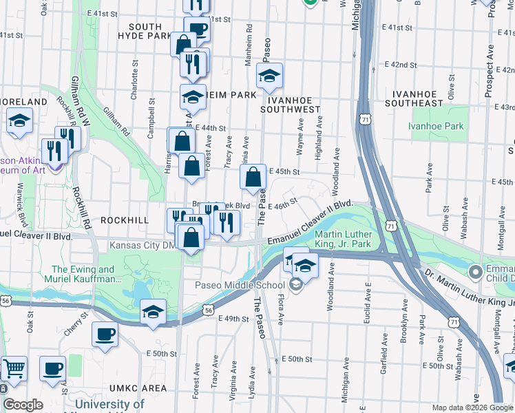 map of restaurants, bars, coffee shops, grocery stores, and more near The Paseo & E 46th St in Kansas City