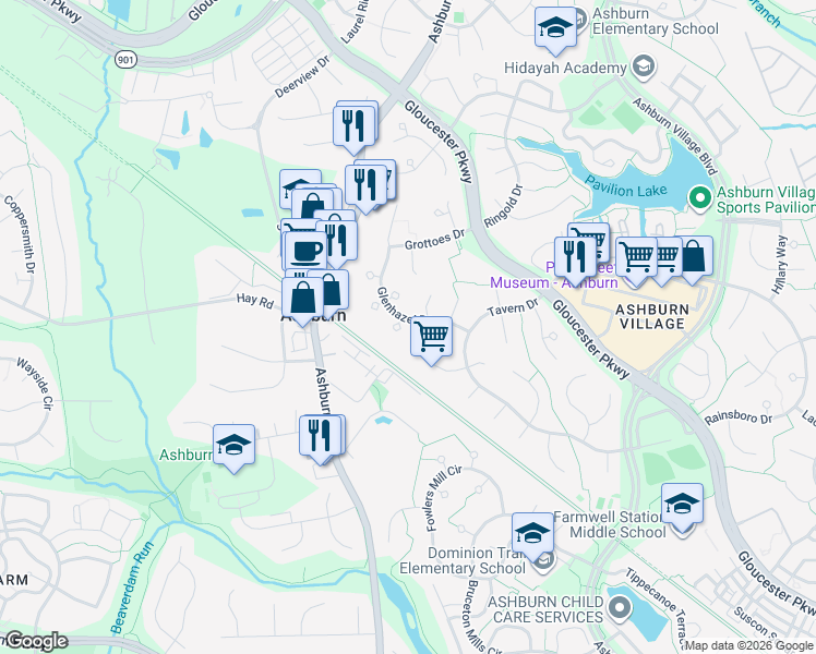 map of restaurants, bars, coffee shops, grocery stores, and more near 43903 Glenhazel Drive in Ashburn