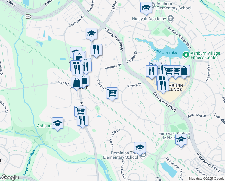 map of restaurants, bars, coffee shops, grocery stores, and more near 43919 Glenhazel Drive in Ashburn