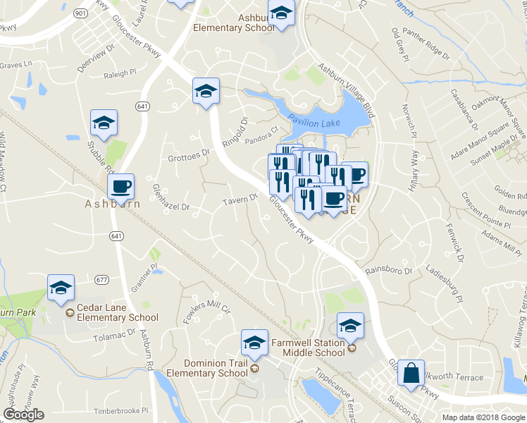 map of restaurants, bars, coffee shops, grocery stores, and more near 20714 Jersey Mills Pl in Ashburn
