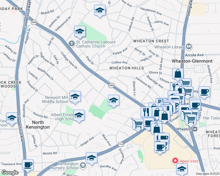 map of restaurants, bars, coffee shops, grocery stores, and more near 11408 Veirs Mill Road in Silver Spring