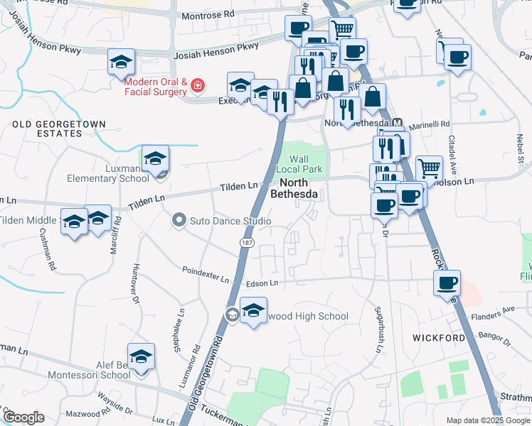 map of restaurants, bars, coffee shops, grocery stores, and more near 11416 Dorchester Lane in Rockville