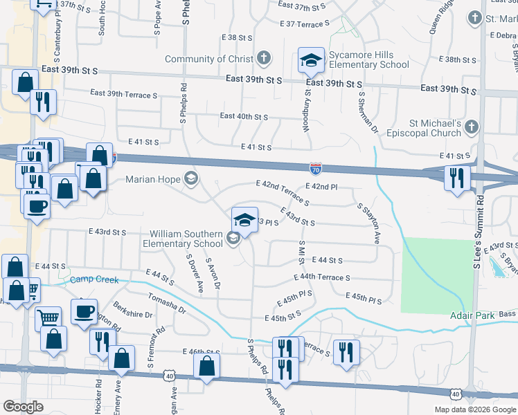 map of restaurants, bars, coffee shops, grocery stores, and more near 15205 East 43rd Street South in Independence