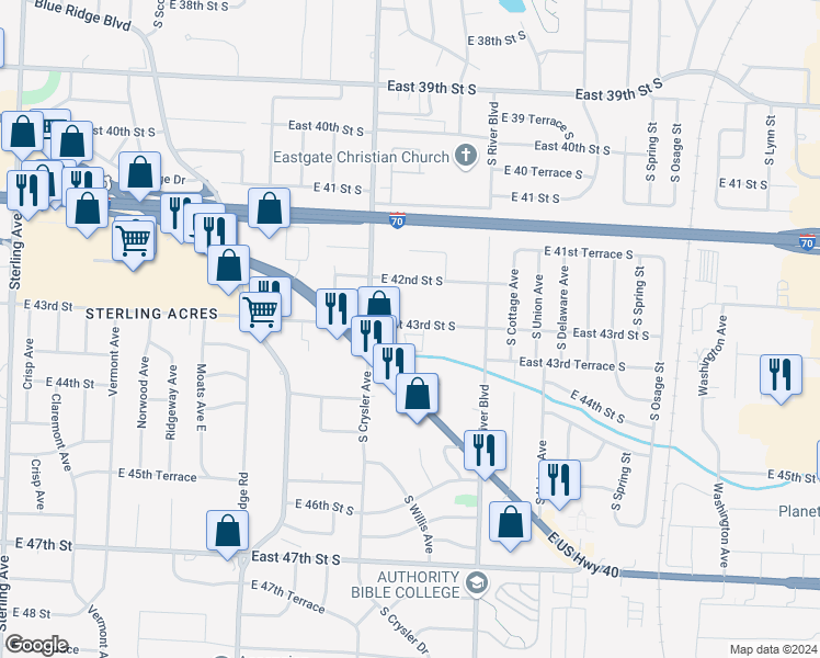 map of restaurants, bars, coffee shops, grocery stores, and more near 12310 East 43rd Street South in Independence