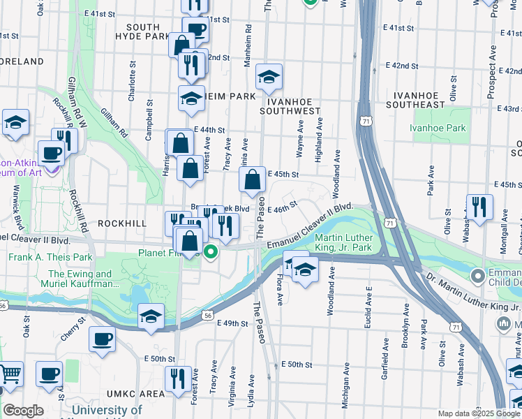 map of restaurants, bars, coffee shops, grocery stores, and more near 134510 East 46th Street in Kansas City