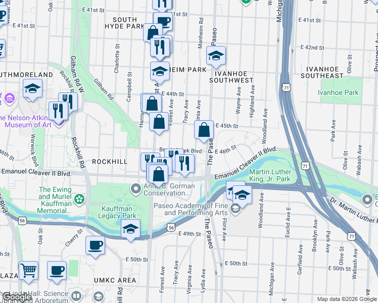 map of restaurants, bars, coffee shops, grocery stores, and more near 1302 Brush Creek Boulevard in Kansas City