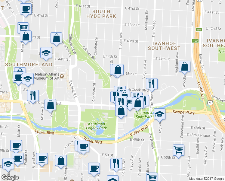 map of restaurants, bars, coffee shops, grocery stores, and more near 4601 Harrison Street in Kansas City