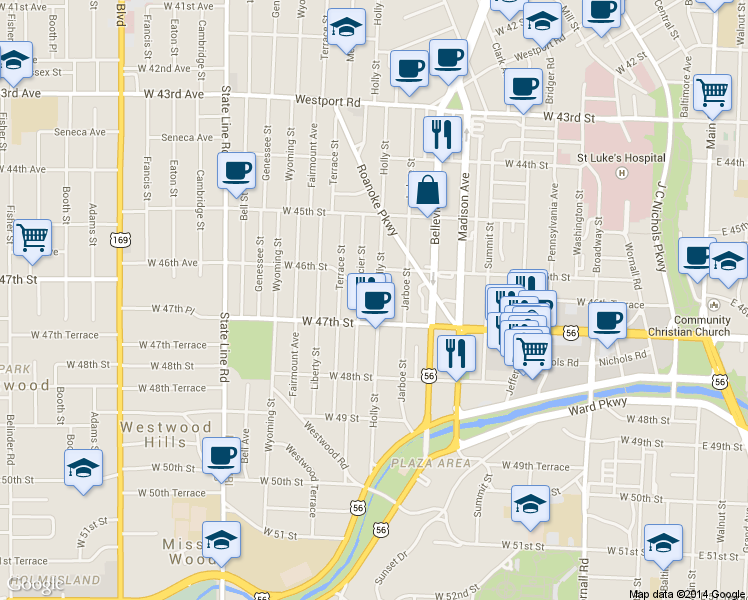 map of restaurants, bars, coffee shops, grocery stores, and more near 4616 Holly Street in Kansas City