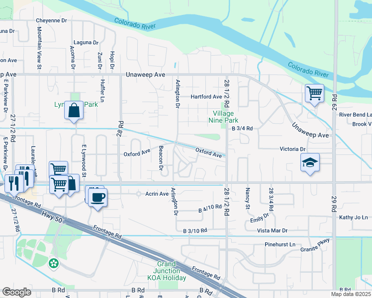 map of restaurants, bars, coffee shops, grocery stores, and more near 2825 Oxford Avenue in Grand Junction