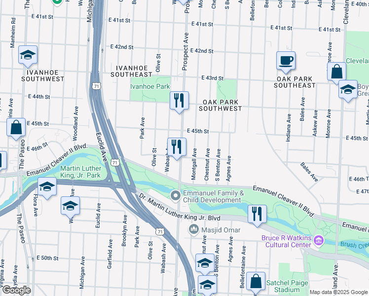 map of restaurants, bars, coffee shops, grocery stores, and more near 4533 Prospect Avenue in Kansas City
