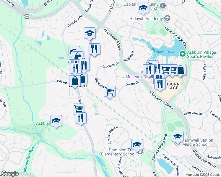 map of restaurants, bars, coffee shops, grocery stores, and more near 43919 Glenhazel Drive in Ashburn