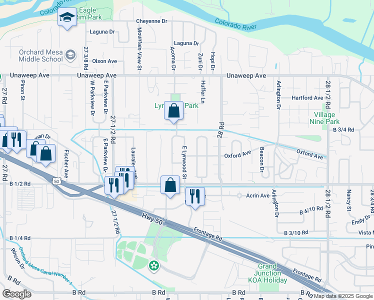 map of restaurants, bars, coffee shops, grocery stores, and more near 268 East Lynwood Street in Grand Junction