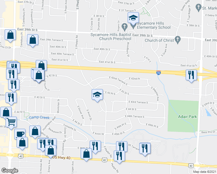 map of restaurants, bars, coffee shops, grocery stores, and more near 15205 East 43rd Street South in Independence