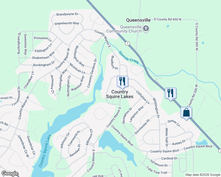 map of restaurants, bars, coffee shops, grocery stores, and more near 3318 Blynshire Circle in North Vernon