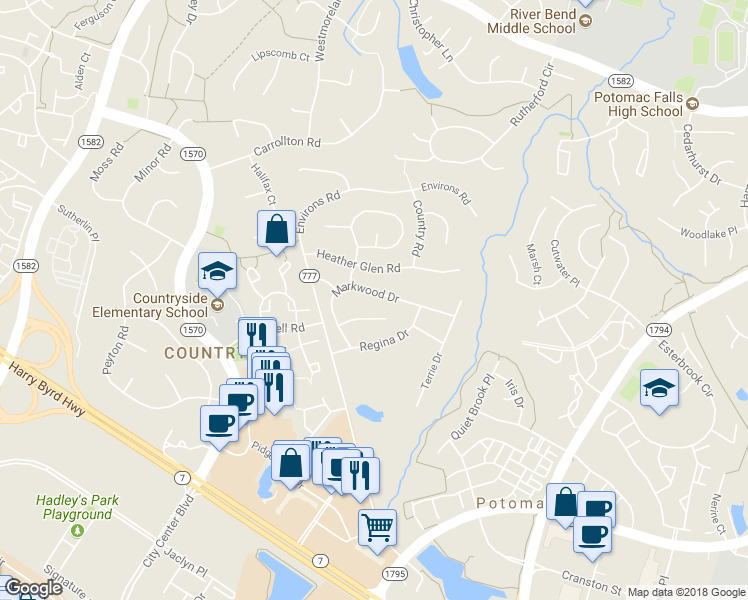 map of restaurants, bars, coffee shops, grocery stores, and more near 221 Markwood Drive in Sterling