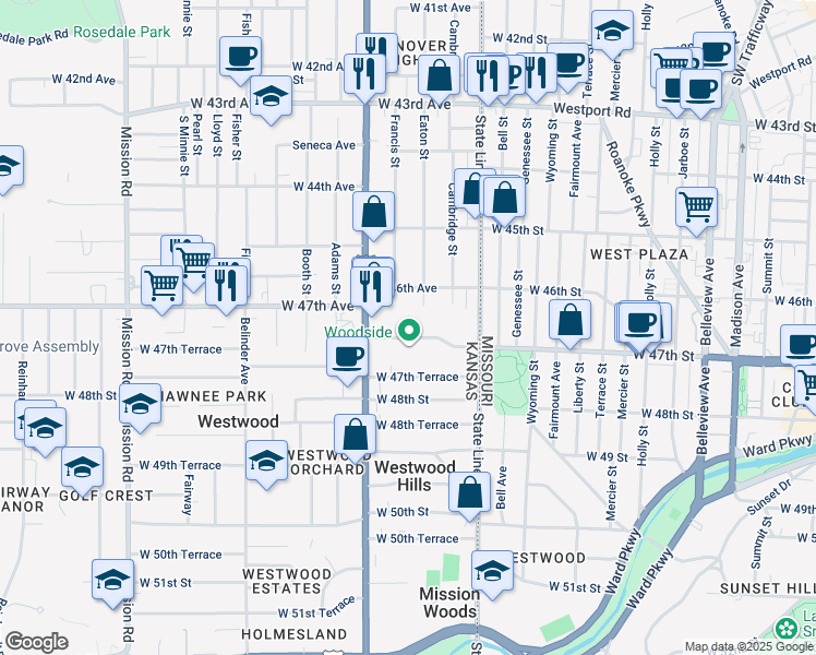 map of restaurants, bars, coffee shops, grocery stores, and more near 2000 West 47th Place in Westwood